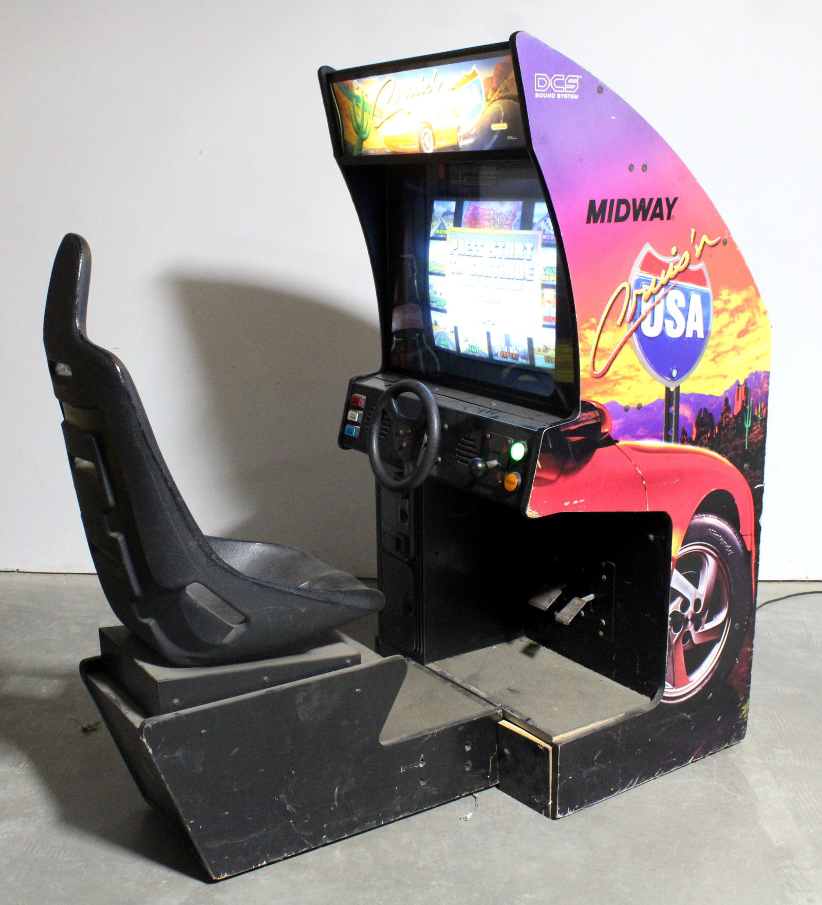Midway Cruis'n USA Sit Down Racing Arcade Game: Working. This item requires third-party shipping or pickup arrangements to be made. Dimensions: 68 x 31 x 64