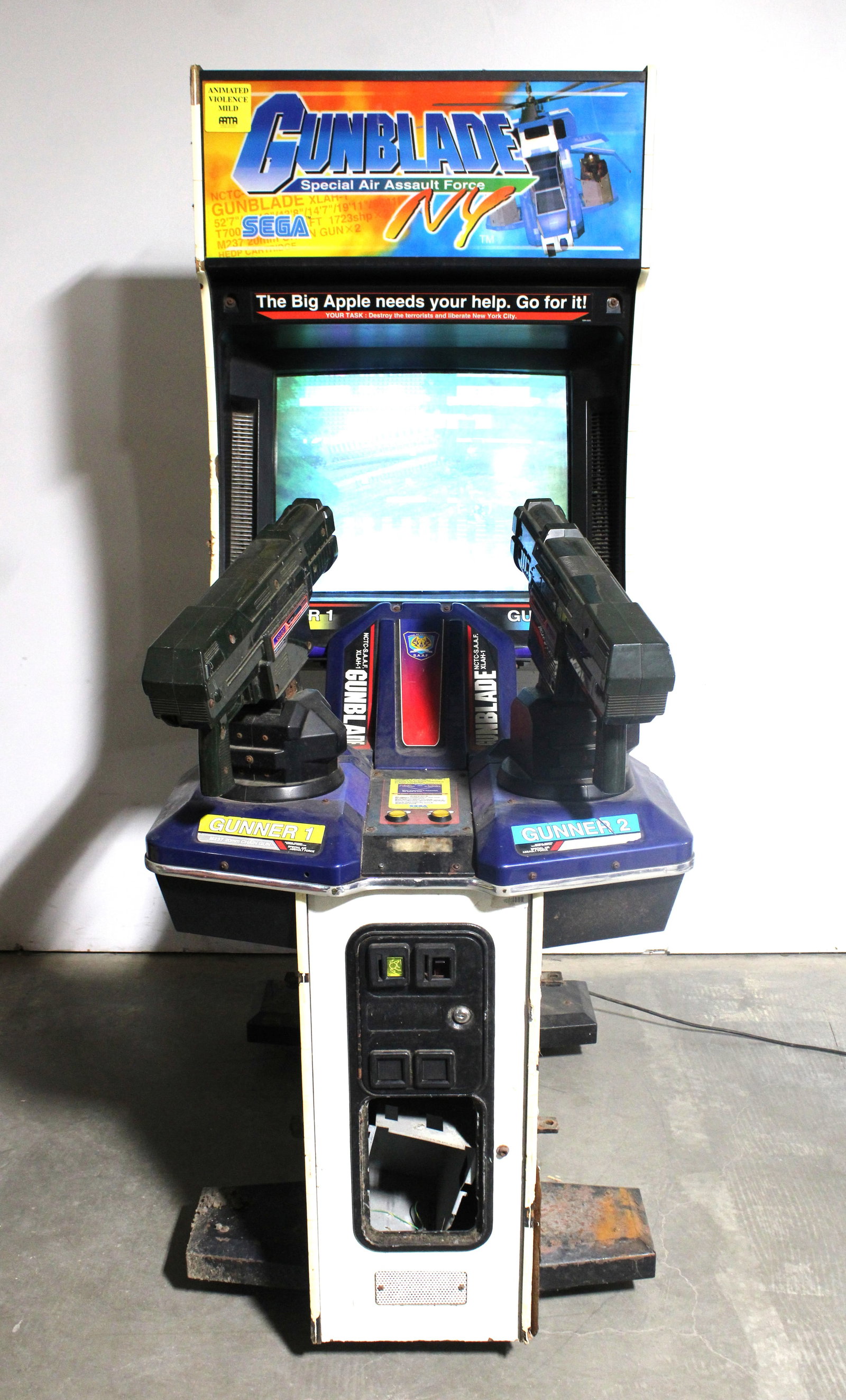 Sega Gunblade Special Air Assault Force NY Arcade Game: Working but glitching monitor. This item requires third-party shipping or pickup arrangements to be made. Dimensions: 79 x 32 x 55