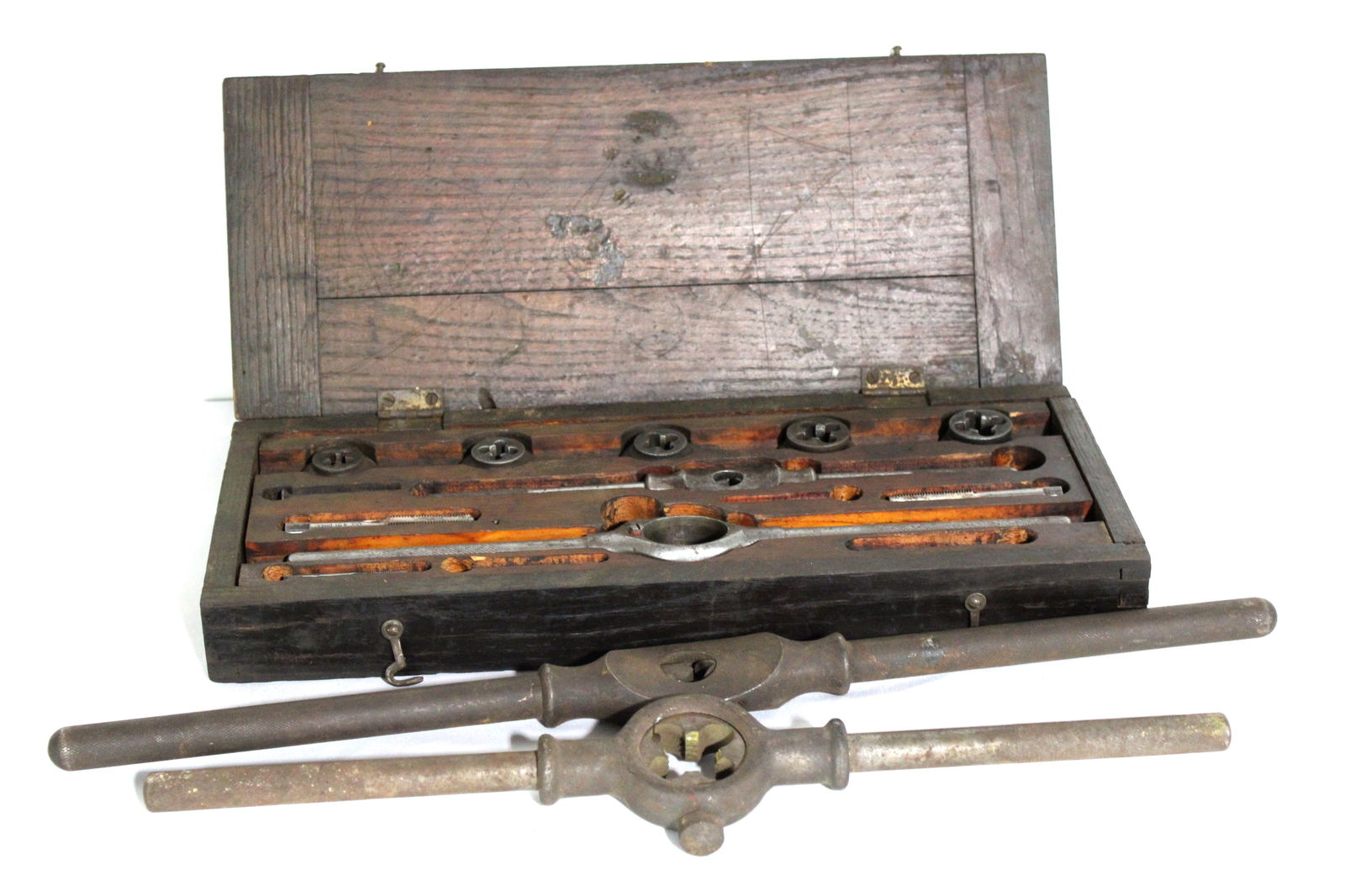 Antique American Tap and Die Set with Wooden Case: From Greenfield, Mass. In-house shipping available.