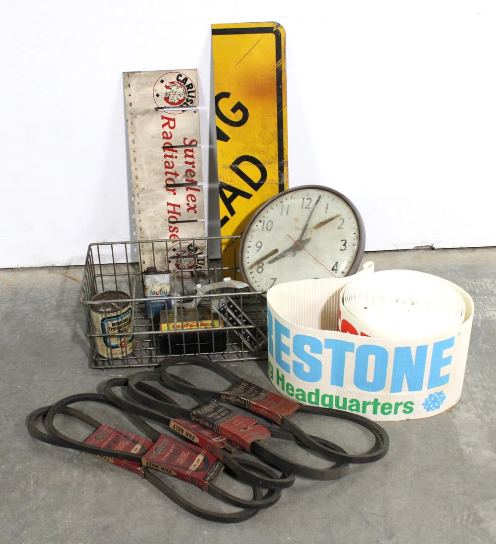 Assorted Automotive Items incl NOS Fan Belts and Prestone Banner (1 of 3)