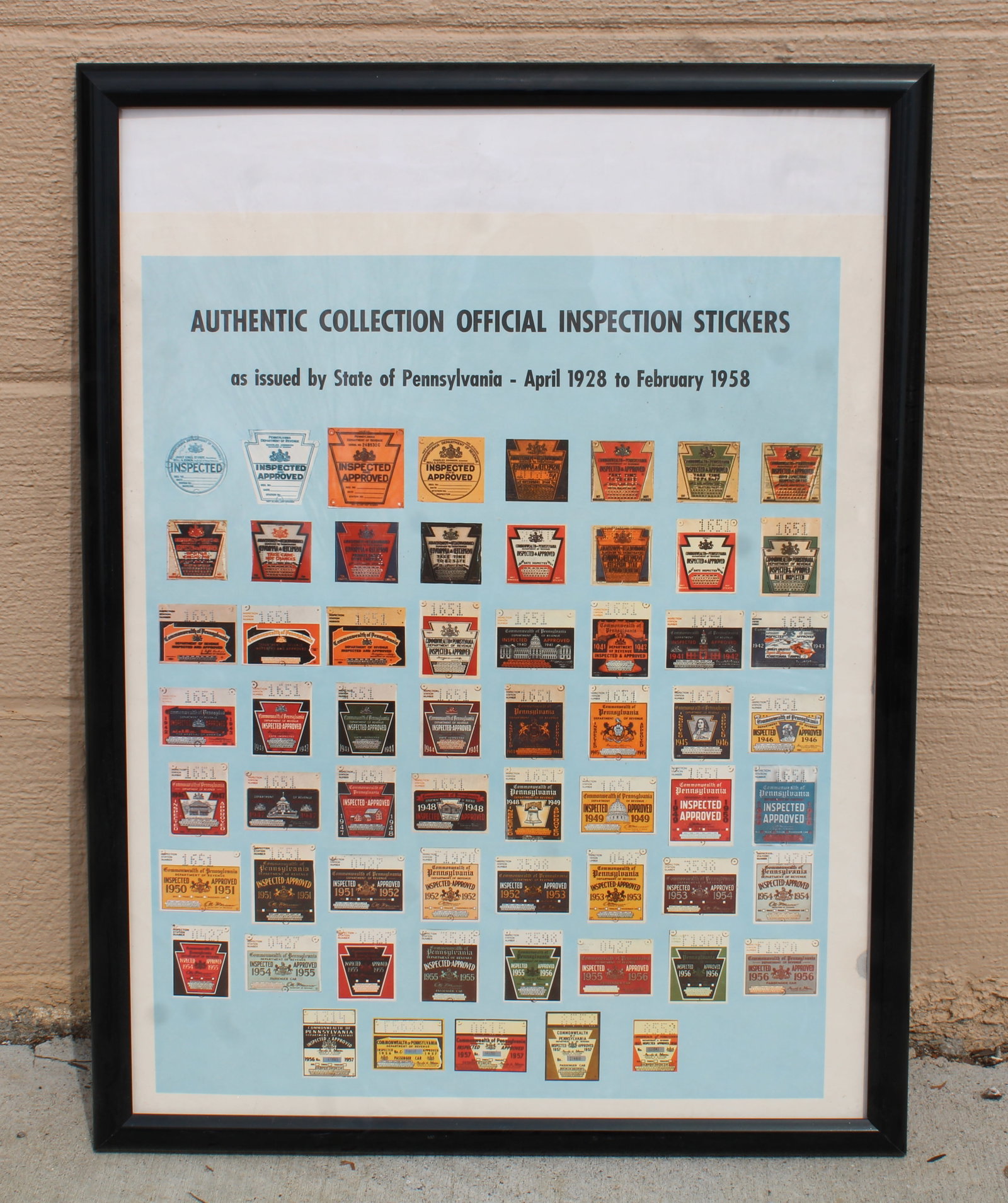 PA Inspection Stickers Automotive Poster: In-house shipping available. Dimensions of frame: 25 x 19