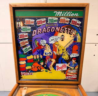 Gottlieb Dragonette Woodrail Pinball Machine, 1954: Same game play as 4-Belles pinball machine. Working and recently shopped out. This item requires third-party shipping or pickup arrangements to be made. *Please note that this is a remote auction.