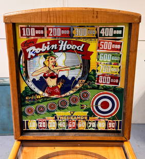 Gottlieb Robin Hood Woodrail Pinball Machine, 1948: Second Gottlieb pinball produced with EM flippers. Working and recently shopped out. This item requires third-party shipping or pickup arrangements to be made. *Please note that this is a remote