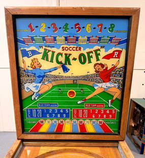 Williams Soccer Kick-Off Woodrail Pinball Machine, 1958: Working and recently shopped out. This item requires third-party shipping or pickup arrangements to be made. *Please note that this is a remote auction. All items are located in Acushnet,