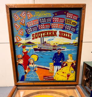 Gottlieb Southern Belle Woodrail Pinball Machine, 1955: Working and recently shopped out. This item requires third-party shipping or pickup arrangements to be made. *Please note that this is a remote auction. All items are located in Acushnet,