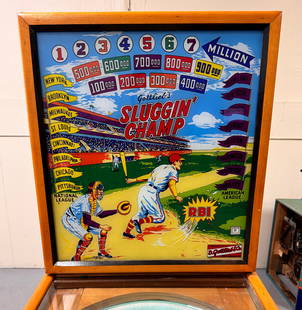 Gottlieb Sluggin' Champ Woodrail Pinball Machine, 1955: Working and recently shopped out. This item requires third-party shipping or pickup arrangements to be made. *Please note that this is a remote auction. All items are located in Acushnet,
