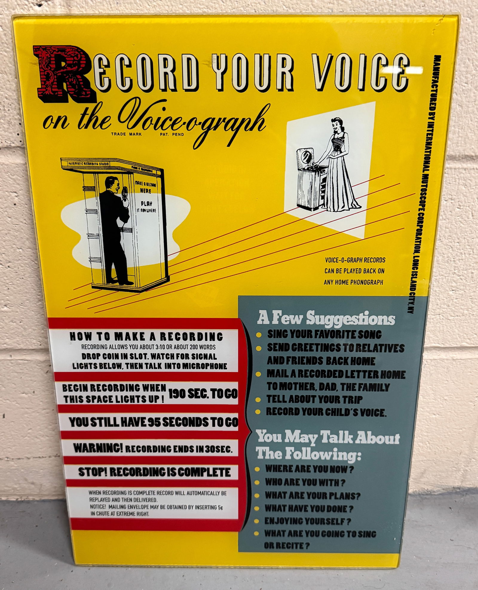 Voice-O-Graph Recording Studio Glass Marquee, Reproduction (1 of 2)