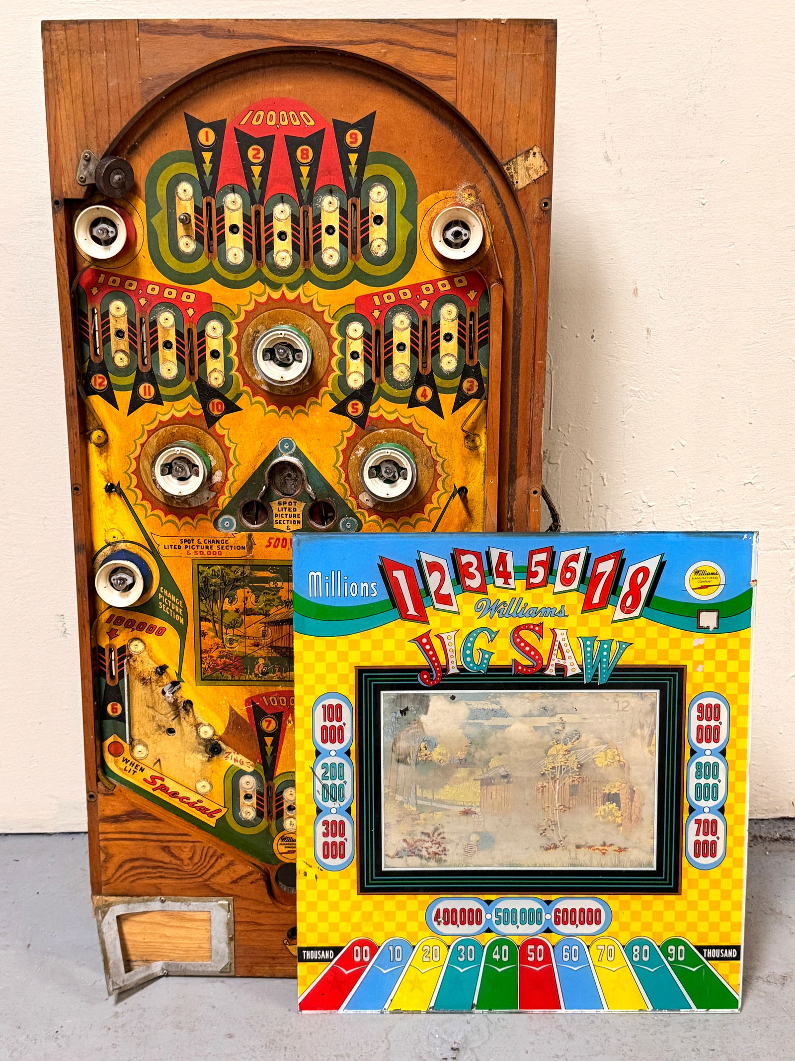 Williams Jig Saw Woodrail Pinball Playfield and Backglass (1 of 3)