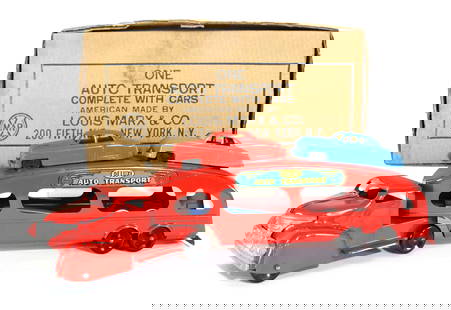 Marx Auto Transport with Cars in Box: In-house shipping available. Dimensions of box: 9 x 17 x 5