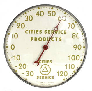 Cities Service Automotive Thermometer: Glass face. In-house shipping available. Dimensions: 12 x 12 x 3
