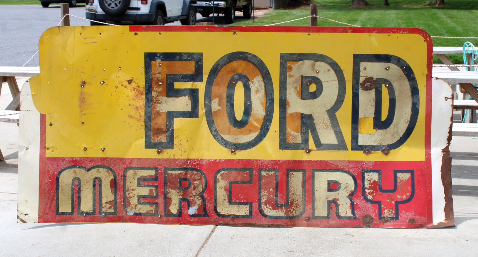 Ford Mercury Automotive Dealership Sign: This item requires third-party shipping or pickup arrangements to be made. Dimensions: 49 x 106