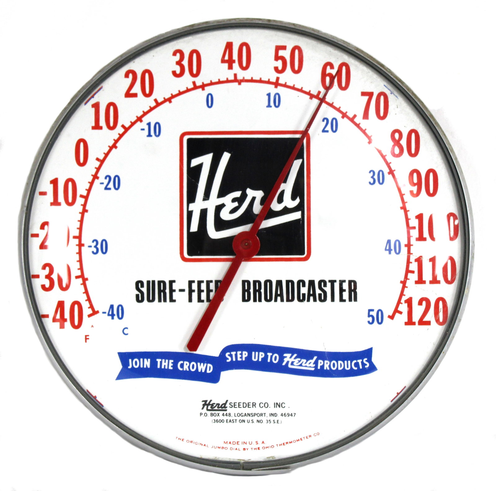Herd Seeder Co. Sure-Feed Advertising Thermometer: This item requires third-party shipping or pickup arrangements to be made. Dimensions: 12 x 12 x 3