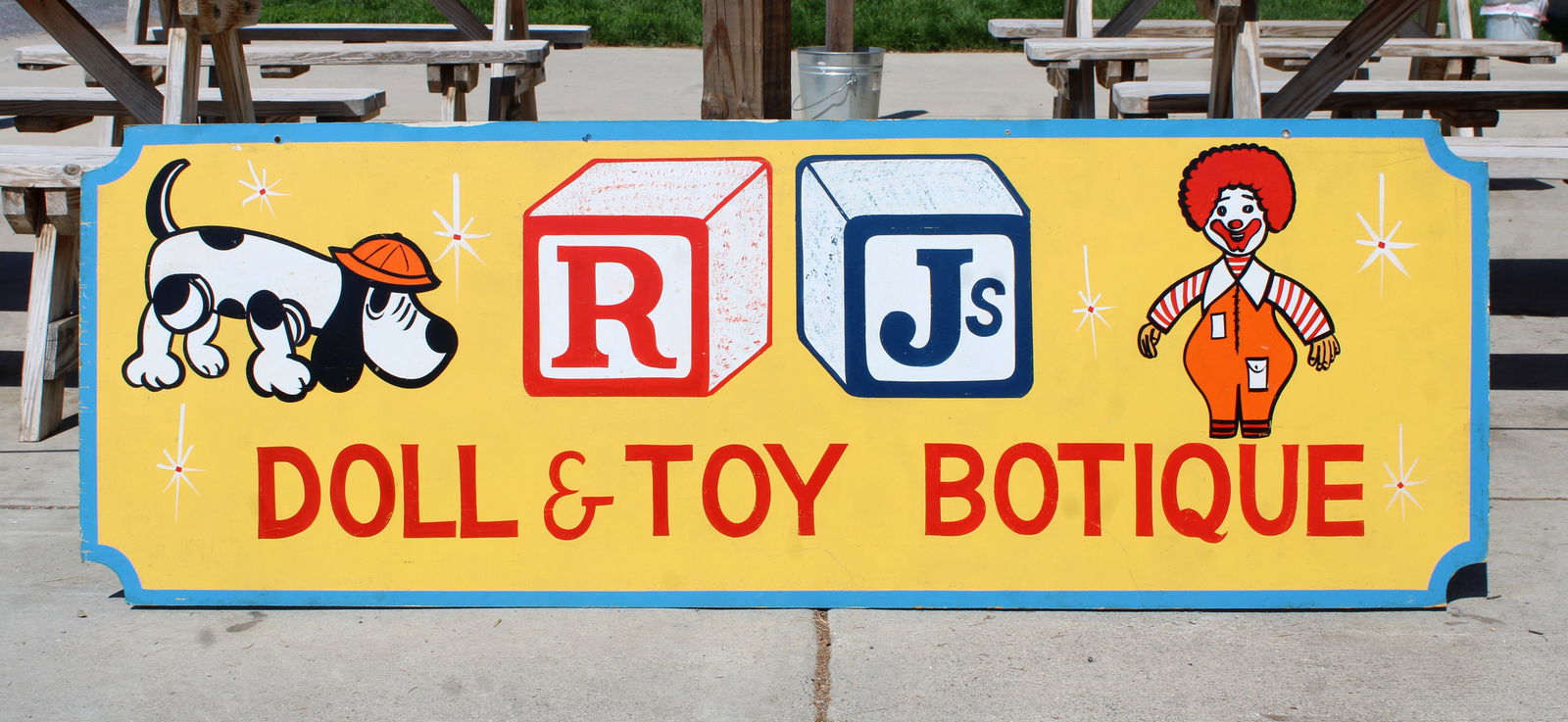 RJ's Doll and Toy Botique Custom Painted Masonite Sign: This item requires third-party shipping or pickup arrangements to be made.