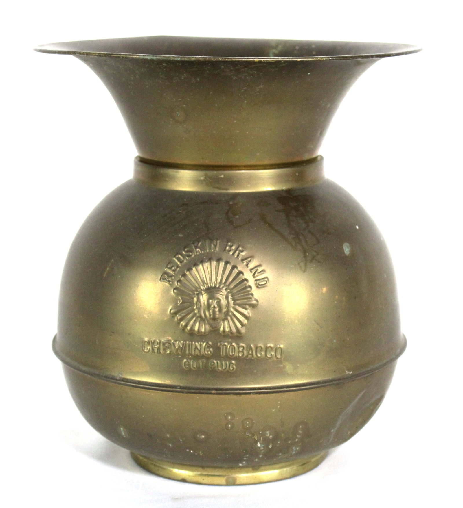 Redskin Brand Chewing Tobacco Embossed Brass Spitoon: In-house shipping available. Dimensions: 10 x 10 x 10