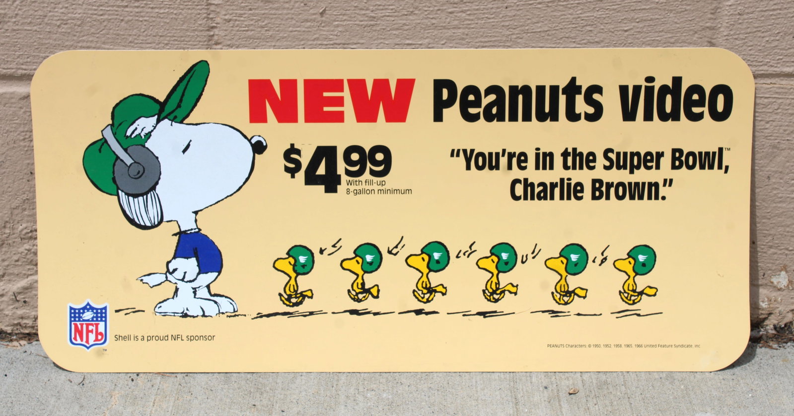 NFL Peanuts Promotional Gas Station Sign: In-house shipping available. Dimensions: 11 x 24