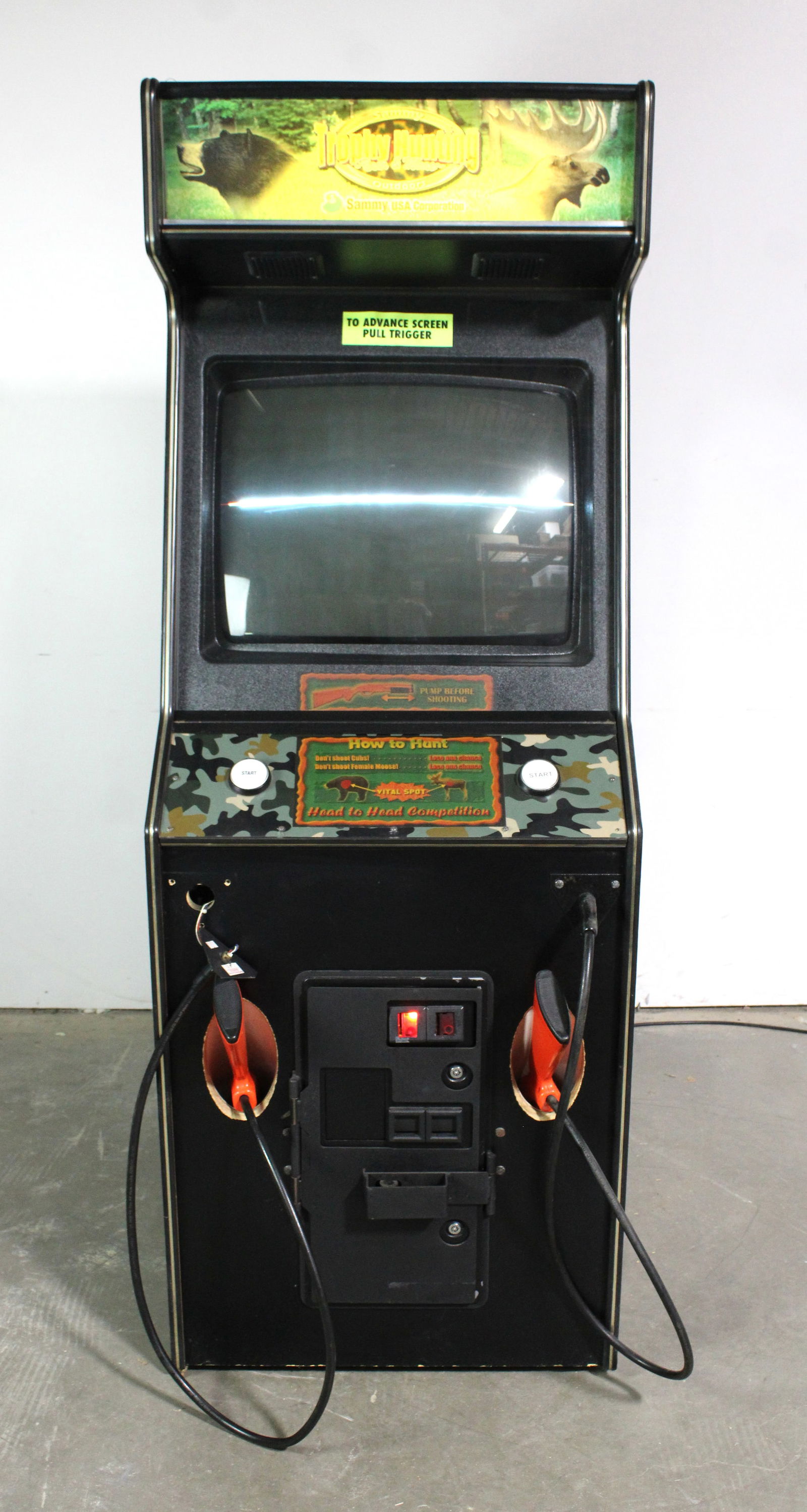 Sammy Trophy Hunting Bear and Moose Arcade Game: Monitor has collapsed. Left gun is not hooked up. This item requires third-party shipping or pickup arrangements to be made. Dimensions: 73 x 27 x 35