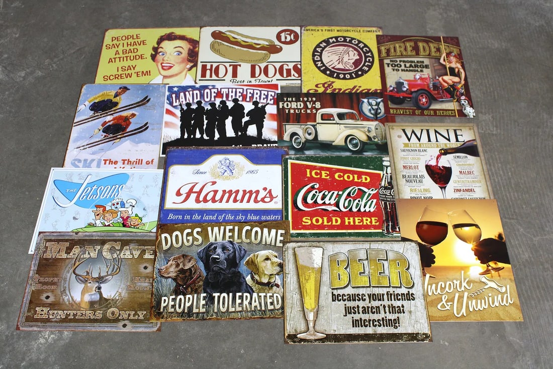 Desperate Enterprises Tin Novelty Signs: Total of 15. In-house shipping available.