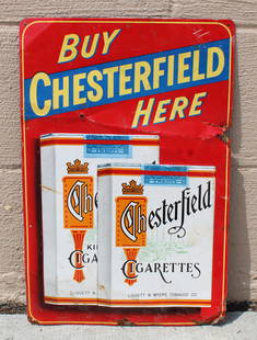 Chesterfield Embossed Cigarette Tin Sign: In-house shipping available. Dimensions: 18 x 12