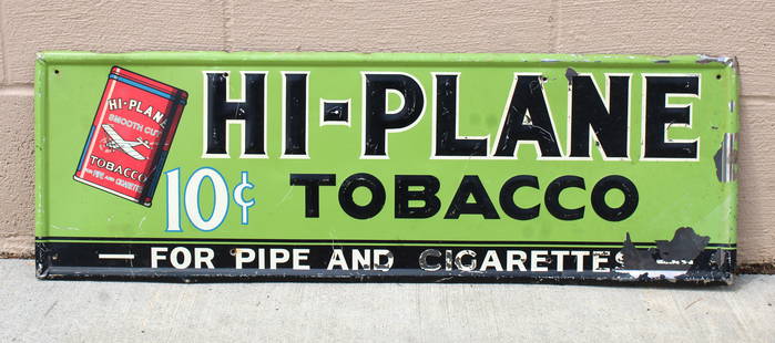 Hi-Plane Tobacco Embossed Tin Sign: This item requires third-party shipping or pickup arrangements to be made. Dimensions: 12 x 35 x 1