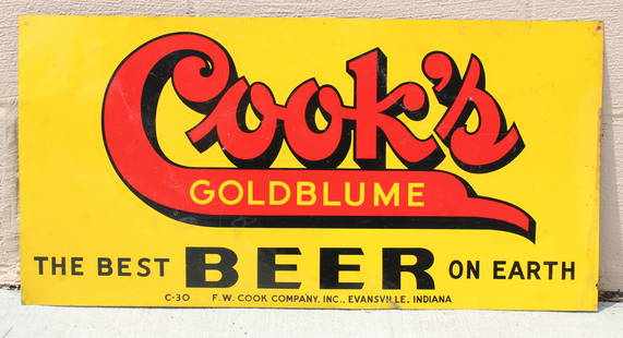 Cook's Beer DS Metal Sign: This item requires third-party shipping or pickup arrangements to be made. Dimensions: 14 x 28