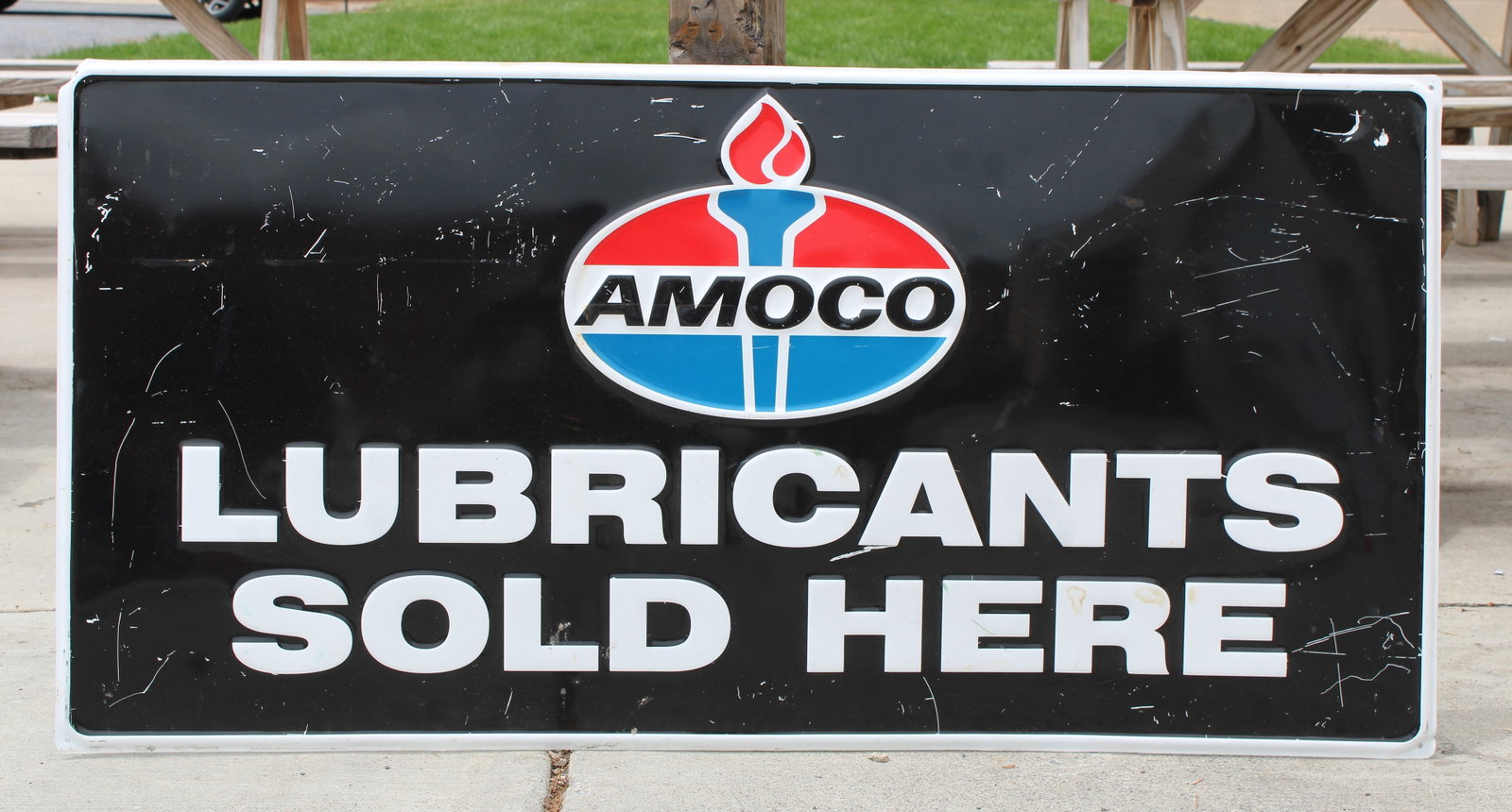 4FT Amoco Embossed Automotive Sign: This item requires third-party shipping or pickup arrangements to be made. Dimensions: 24 x 48