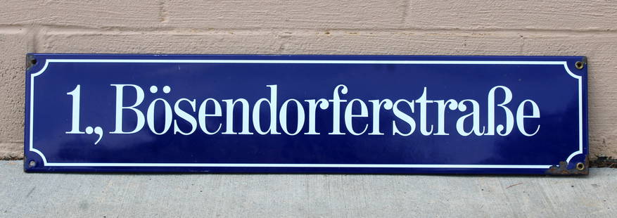 Porcelain German Street Sign: This item requires third-party shipping or pickup arrangements to be made. Dimensions: 8 x 37 x 1
