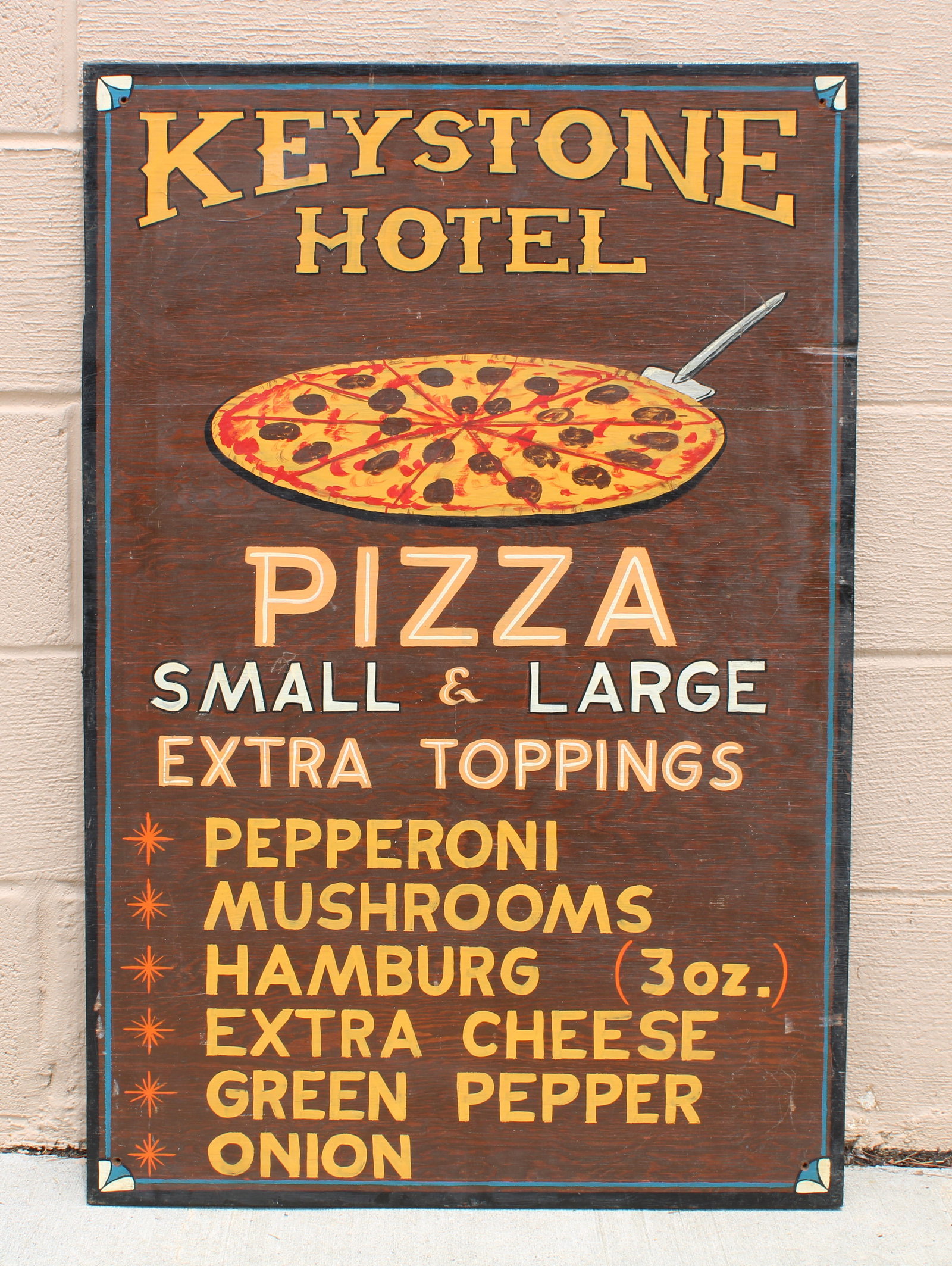Keystone Hotel Wooden Restaurant Pizza Menu Sign: This item requires third-party shipping or pickup arrangements to be made.
