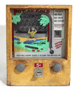 J.F. Frantz Kicker & Catcher Trade Stimulator with Pot of Gold Glass: Coin chute is jammed. This item requires third-party shipping or pickup arrangements to be made. Dimensions: 18 x 14 x 10