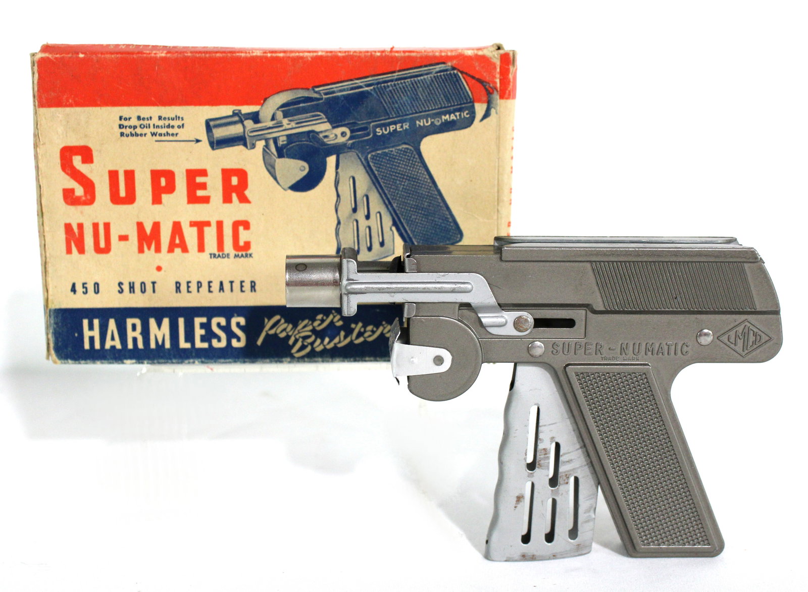 Super Nu-Matic Toy Cap Gun with Box: In-house shipping available.
