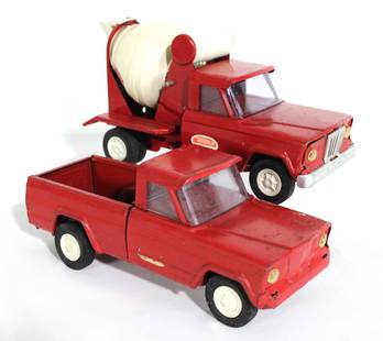 Tonka Pressed Steel Red Pickup Truck and Cement Mixer: In-house shipping available. Dimensions of one: 4 x 3 x 9