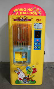 "Bring Home A Balloon" Balloon Vending Machine: Powers on, needs helium tank. This item requires third-party shipping or pickup arrangements to be made. Dimensions: 72 x 31 x 36