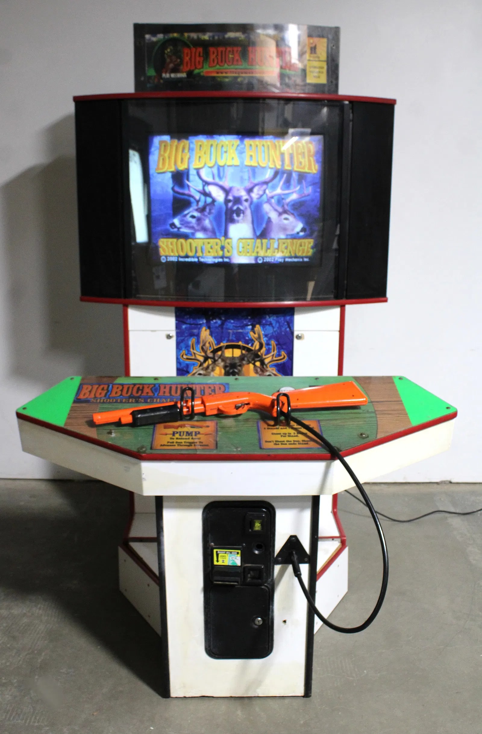 Big Buck Hunter Pedestal Arcade Game: Gun is registering but not selecting. Has bill acceptor. This item requires third-party shipping or pickup arrangements to be made. Dimensions with marquee: 82 x 50 x 64