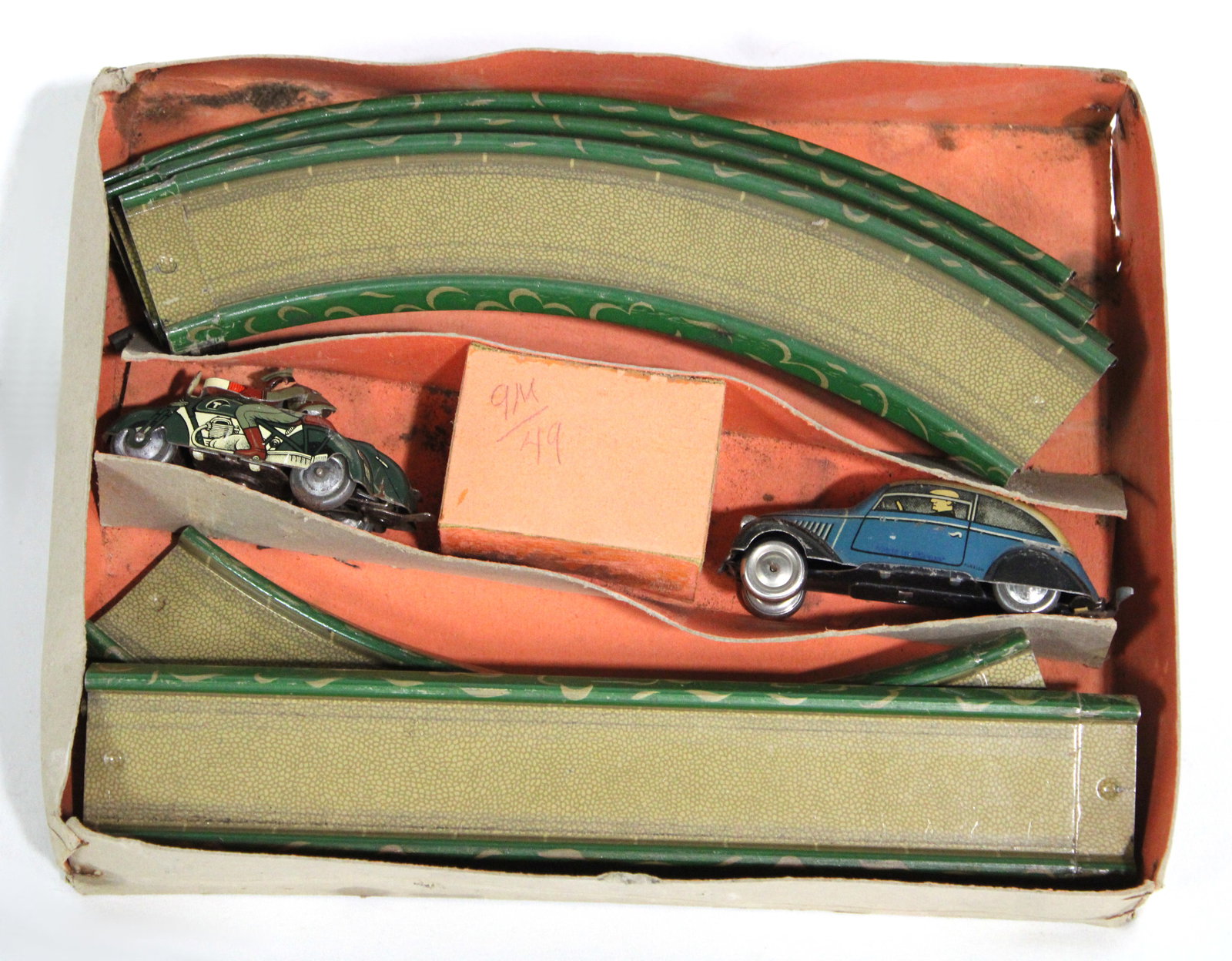 West Germany Tin Toy Wind Up Motorcycle Cop Chasing Car with Tracks, 1930s (1 of 5)