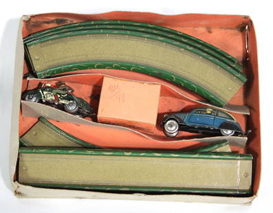 West Germany Tin Toy Wind Up Car Racers and Track, 1930s: In-house shipping
