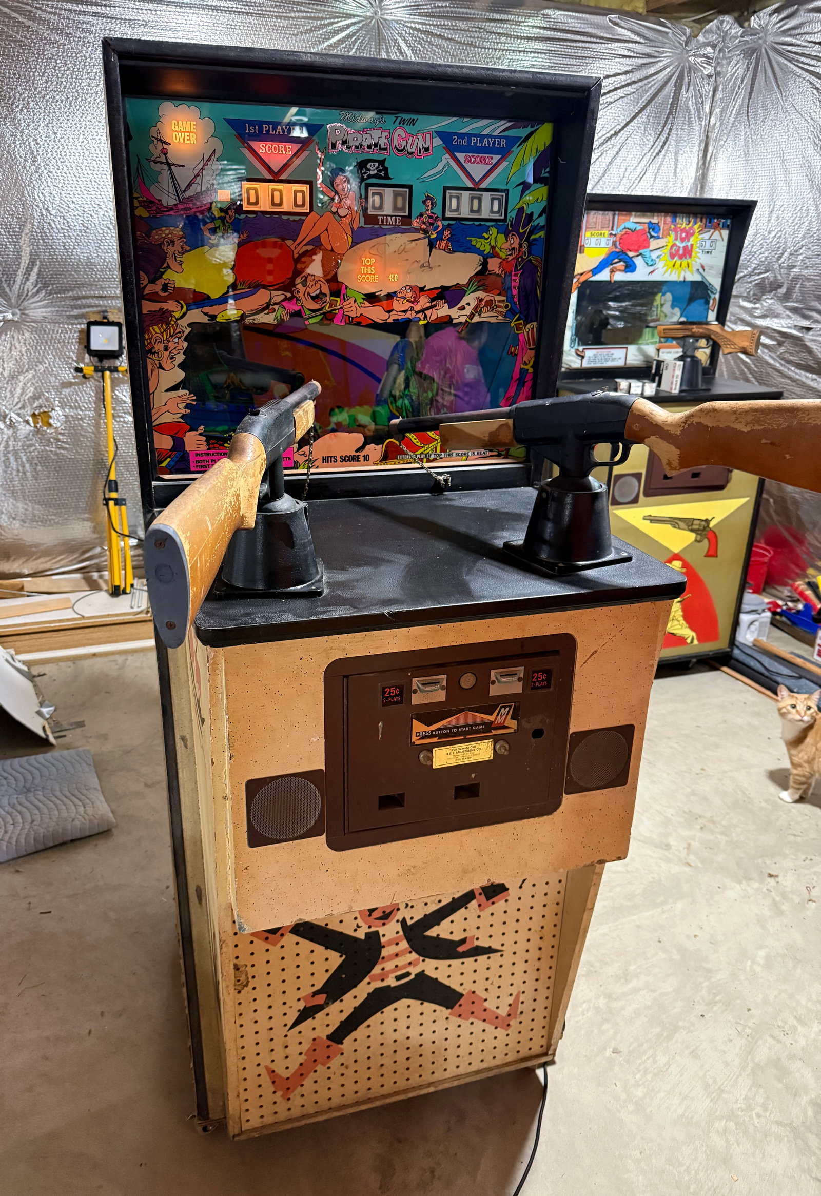 Midway Twin Pirate Gun Shooting Gallery *REMOTE PICKUP*: Working but gun needs tweeking. This item requires third-party shipping or pickup arrangements to be made. Reach out to auction house for a video of this game playing! ****Please note that this item i