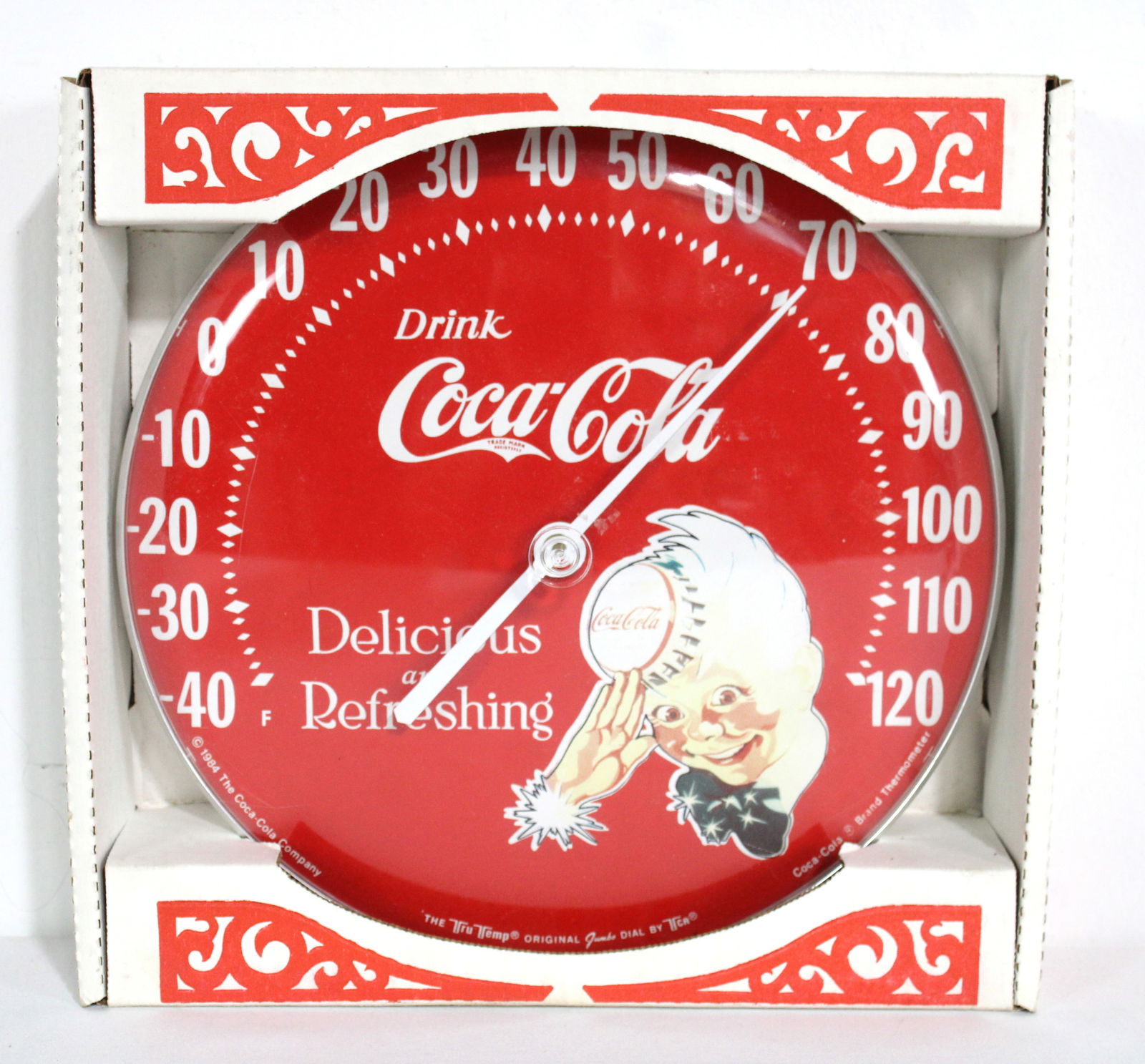 NIB Sprite Boy Dial Thermometer, 1980s: Plastic face. This item requires third-party shipping or pickup arrangements to be made.