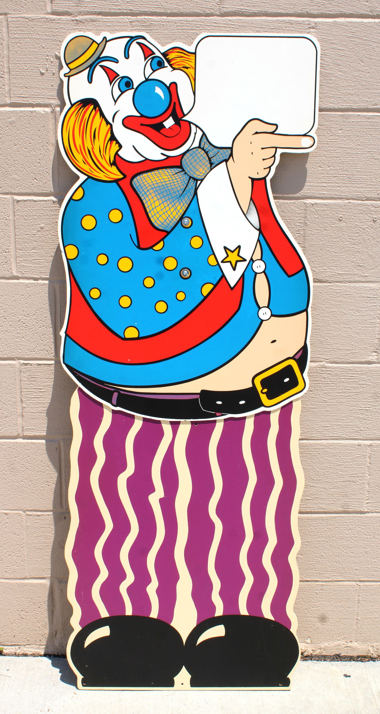 Painted Clown "This Tall to Ride Sign", Adjustable Height: Masonite and wood. This item requires third-party shipping or pickup arrangements to be made. Dimensions: 60 x 25 x 1