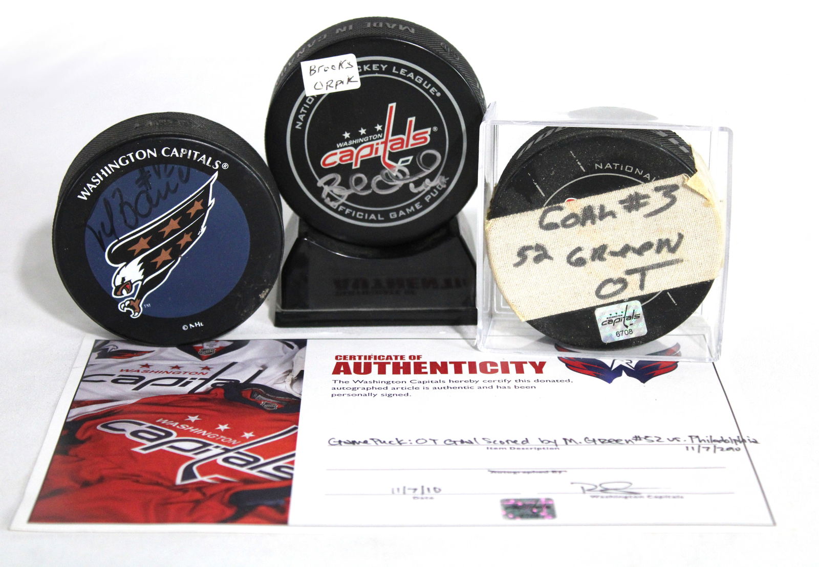 Washington Capitals Autographed Hockey Pucks incl. Brooks Orpik (1 of 2)