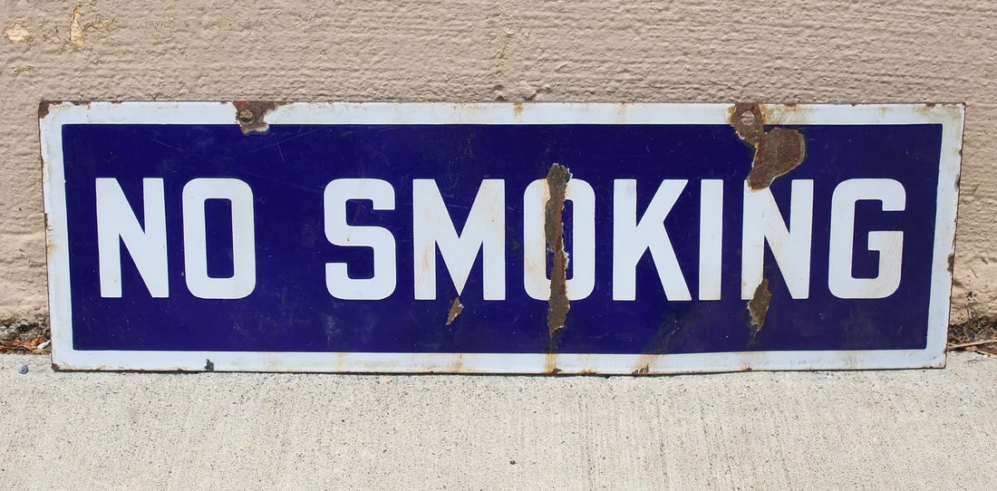 No Smoking Porcelain Sign: In-house shipping available. Dimensions: 6 x 18