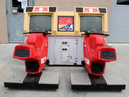 Namco Sazuka 8 Hours 2 Motorcycle Arcade Game: Working. Right monitor scrolling, some cabinet swelling. This item requires third-party shipping or pickup arrangements to be made. Dimensions together: 54 x 72 x 76