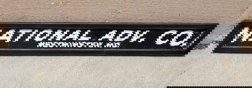 National Adv. Co. Sign Westminster, MD: Metal sign with custom frame. This item requires third-party shipping or pickup arrangements to be made. Dimensions: 5 x 32 x 1
