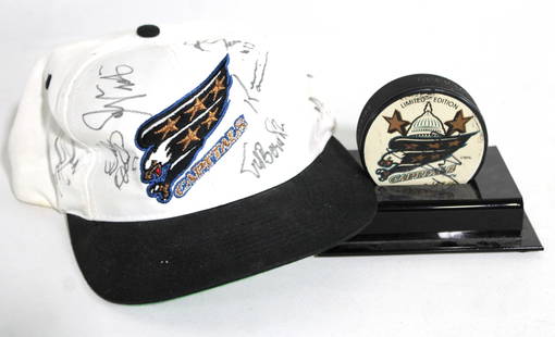 Washington Capitals Autographed Hat and Puck: In-house shipping available.