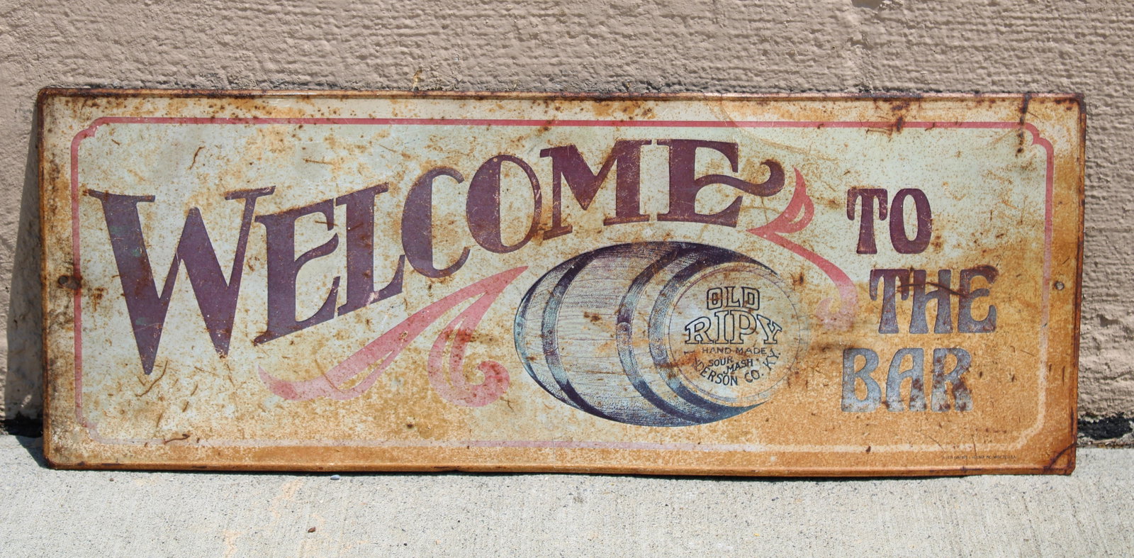 Old Ripy "Welcome to the Bar" Sign, 1974: In-house shipping available. Dimensions: 7 x 20