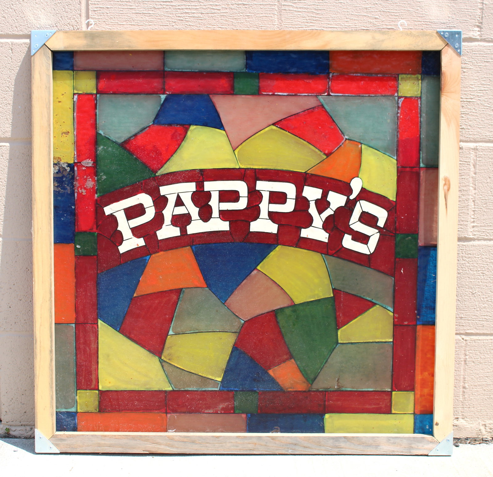 Pappys Restaurant "Stained Glass" Window: Painted plexi with custom frame. Dimensions: 34 x 34 x 1