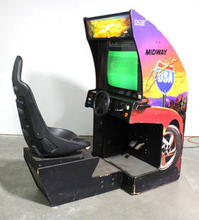 Midway Cruis'n USA Sit Down Arcade Game: Powers on with green screen. Not working. This item requires third-party shipping or pickup arrangements to be made. Dimensions: 72 x 31 x 64