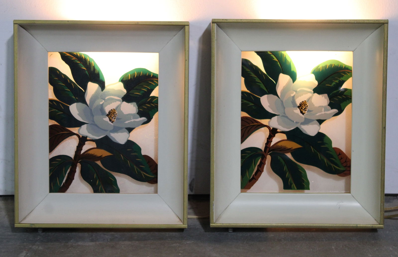 Mid Century Lighted Artwork, Metal Frames with Reverse on Glass: Working. This item requires third-party shipping or pickup arrangements to be made. Dimensions: 15 x 12 x 3