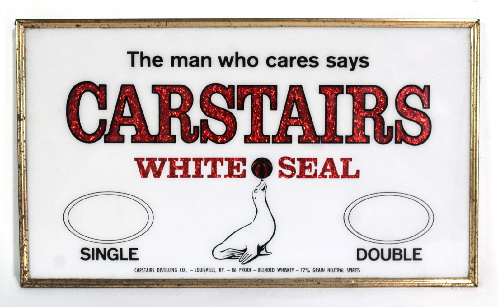 Carstairs White Seal Whiskey Easelback: In-house shipping available. Dimensions: 7 x 12