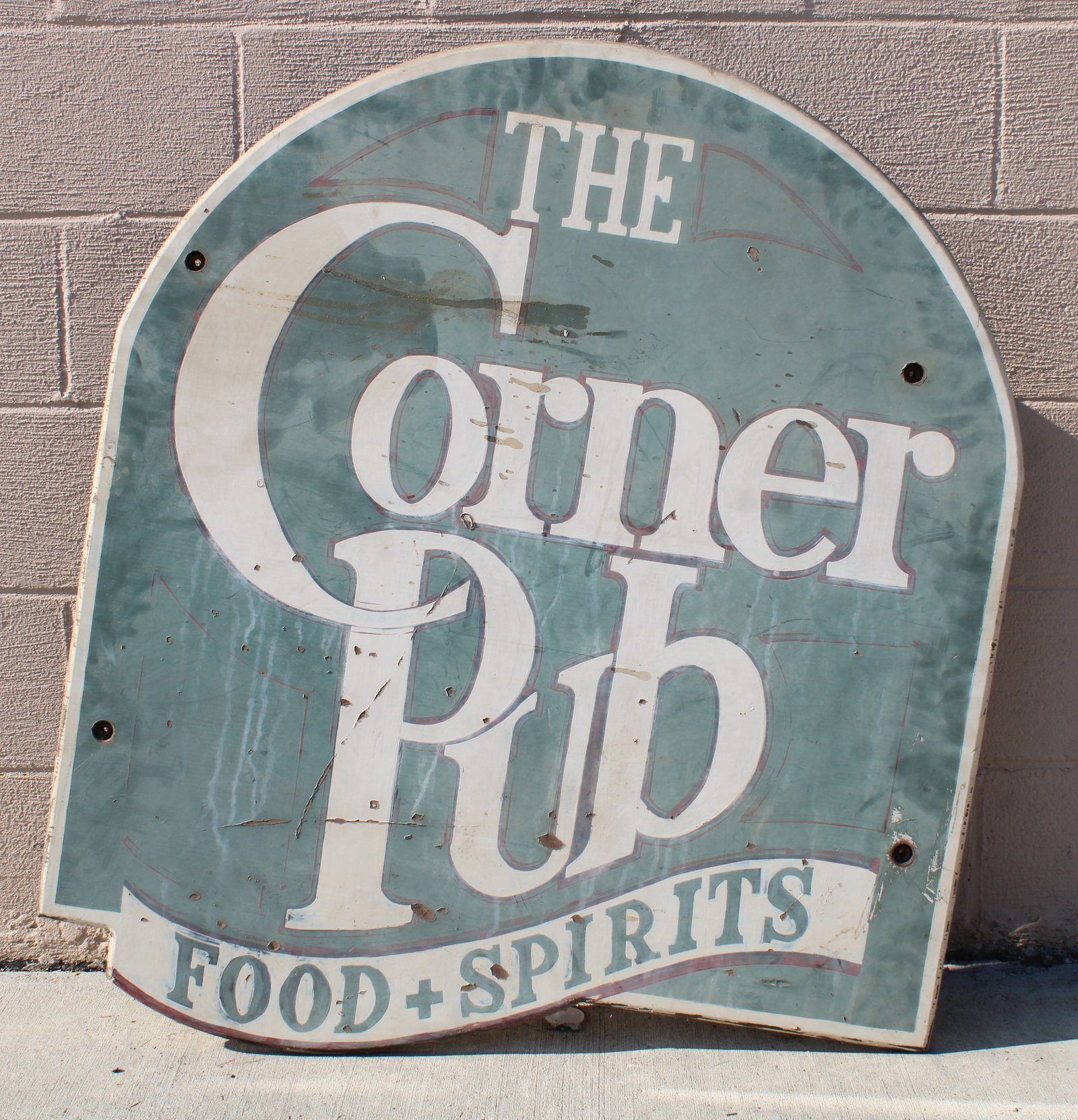 The Corner Pub Wooden Painted Restaurant Sign: This item requires third-party shipping or pickup arrangements to be made. Dimensions: 40 x 36 x 1