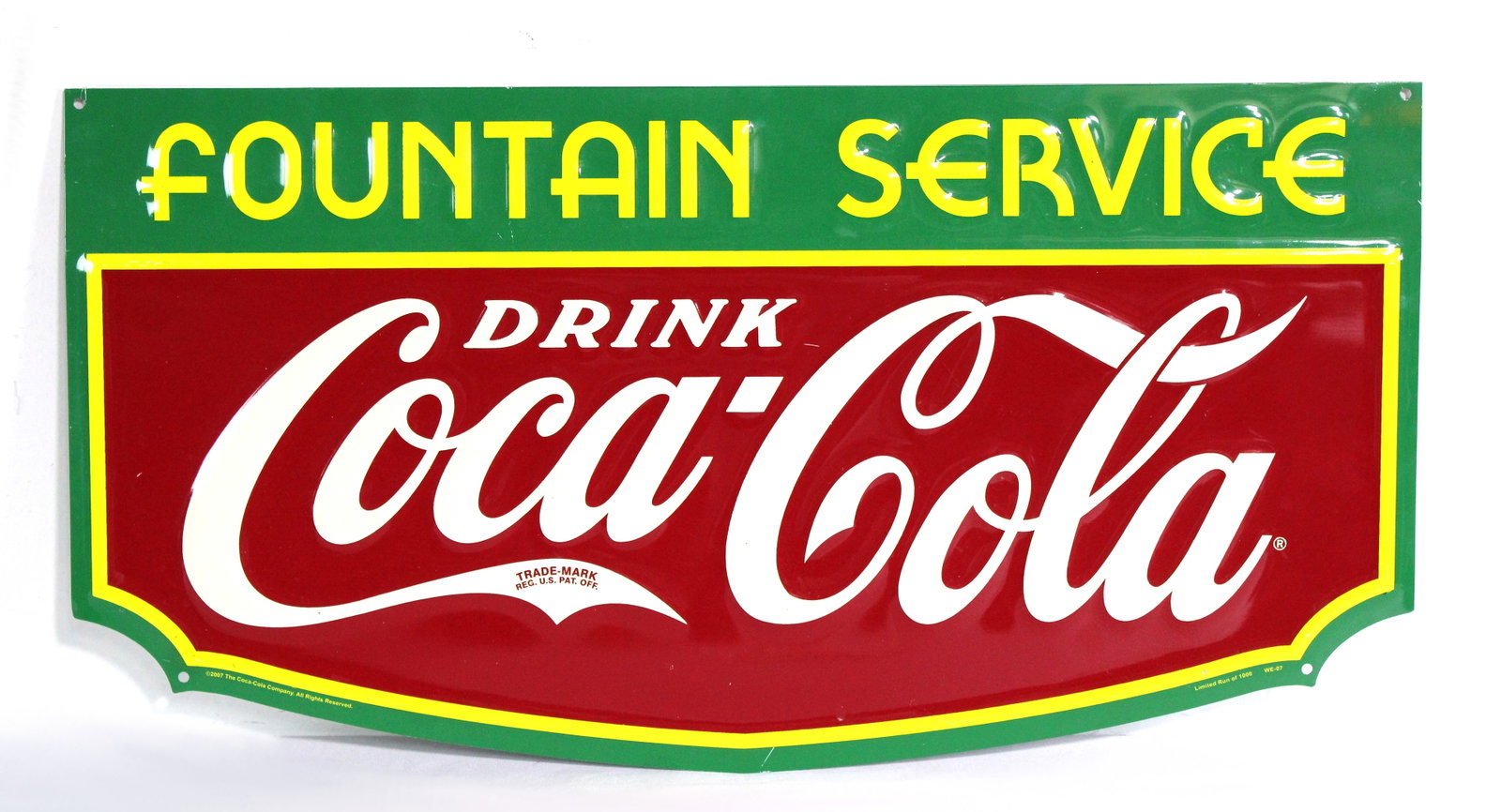 Coca Cola Fountain Service Embossed Sign, 2007 Limited Run: In-house shipping available. Dimensions: 12 x 23