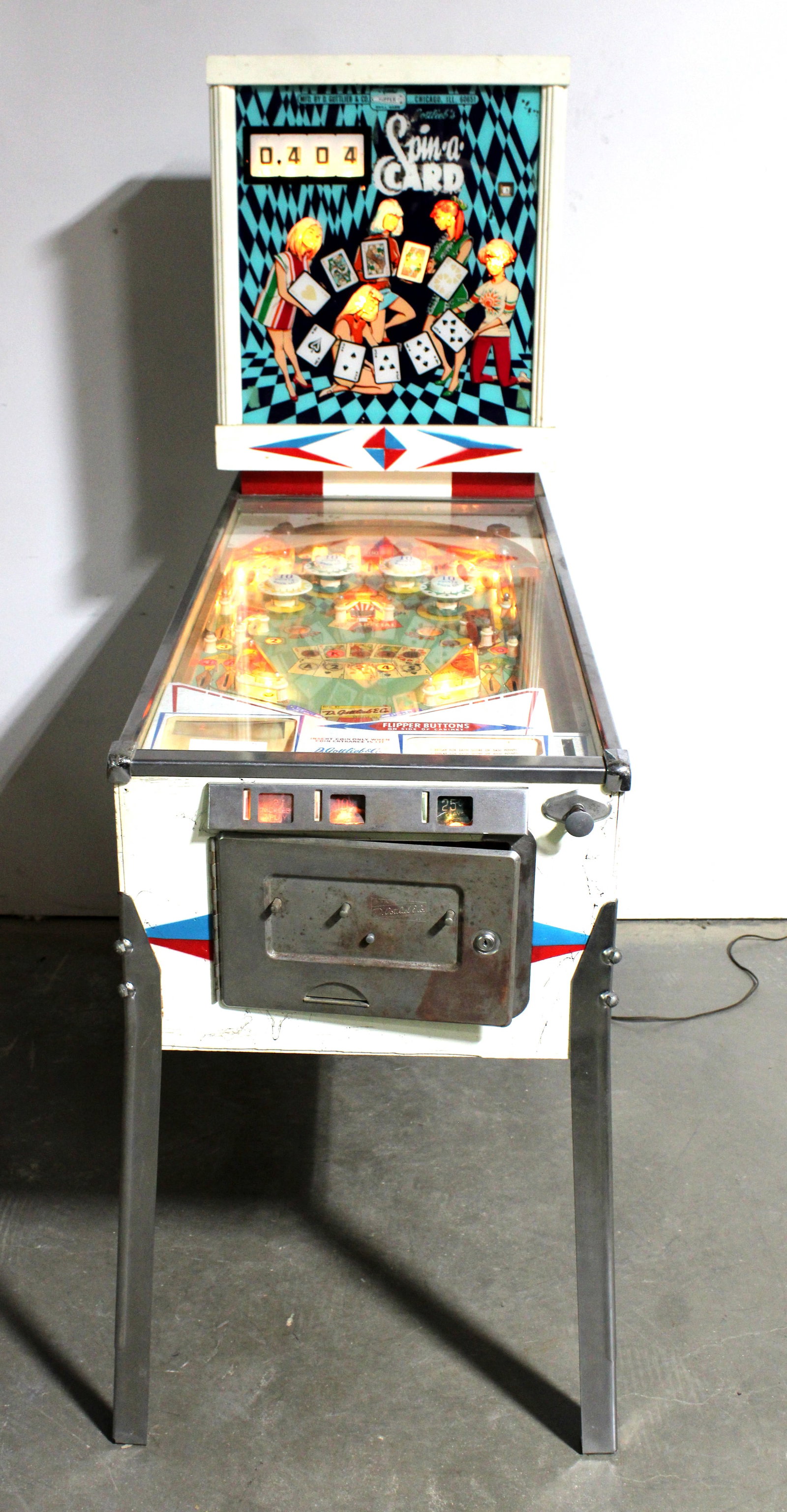 Gottlieb Spin-A-Card Pinball Machine: Powers on, not working. No back door. This item requires third-party shipping or pickup arrangements to be made. Dimensions: 71 x 24 x 54